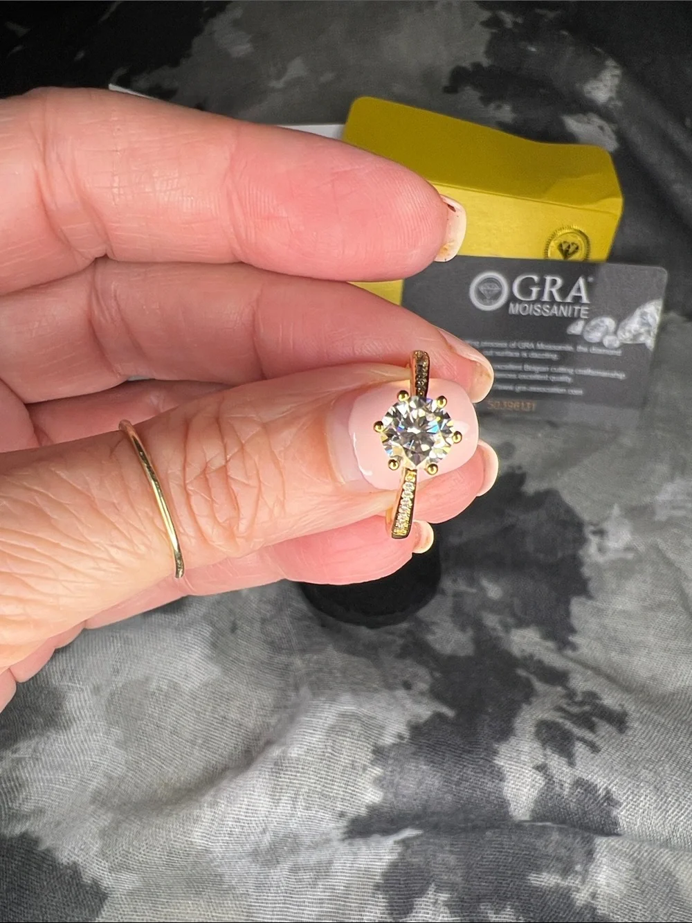 18k Gold Solitaire Ring over S925 - White Moissanite